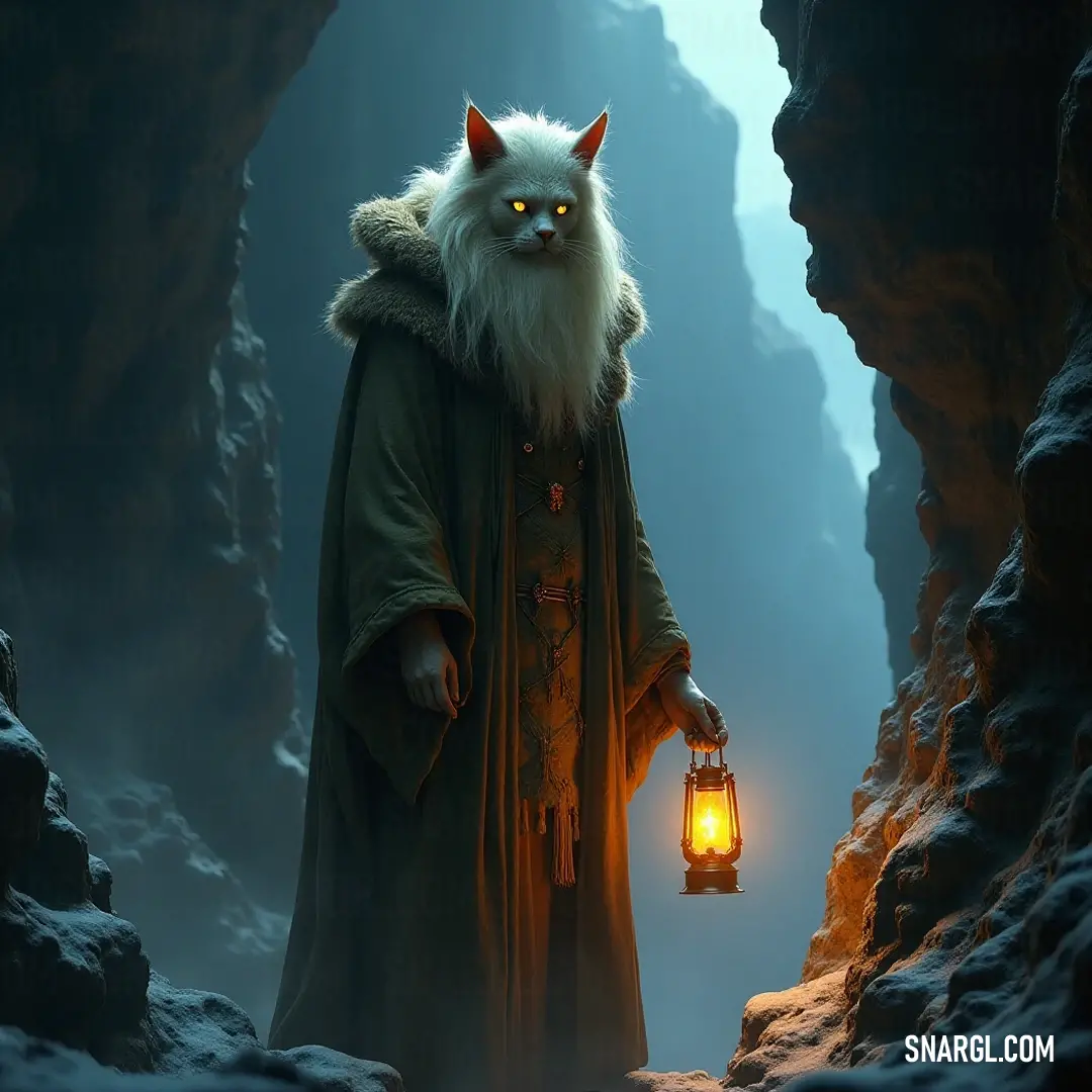 A figure holds a lantern alight in a dim cave, a playful cat perched atop his head, together exploring the hidden mysteries and wonders of the subterranean world. Within the depths of a cavern, a mysterious figure with a flickering lantern casts a warm glow, accompanied by a curious cat perched on his head, unlocking secrets of the shrouded darkness.