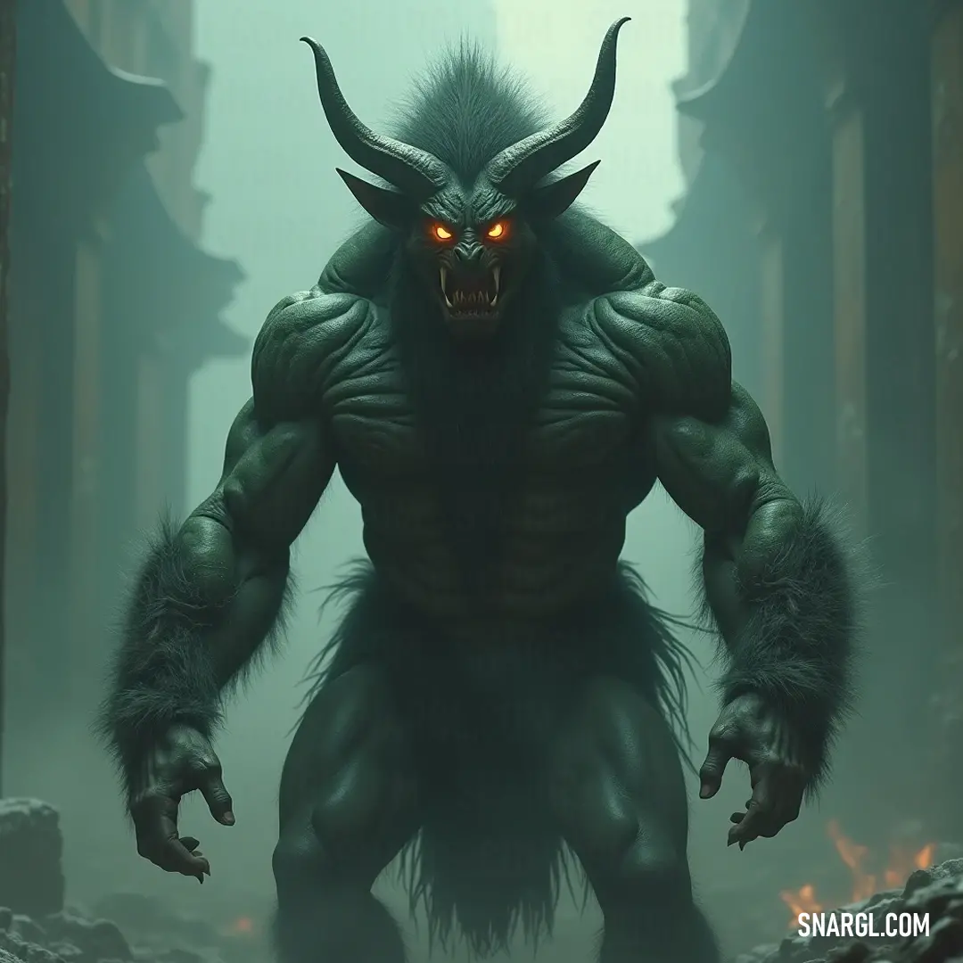 In a mist-laden forest, a demonic Rakshasa with glowing eyes and prominent horns emerges through the fog, his ominous silhouette framed by ancient rocks and towering trees, casting an eerie, otherworldly aura in the tranquil woodland.