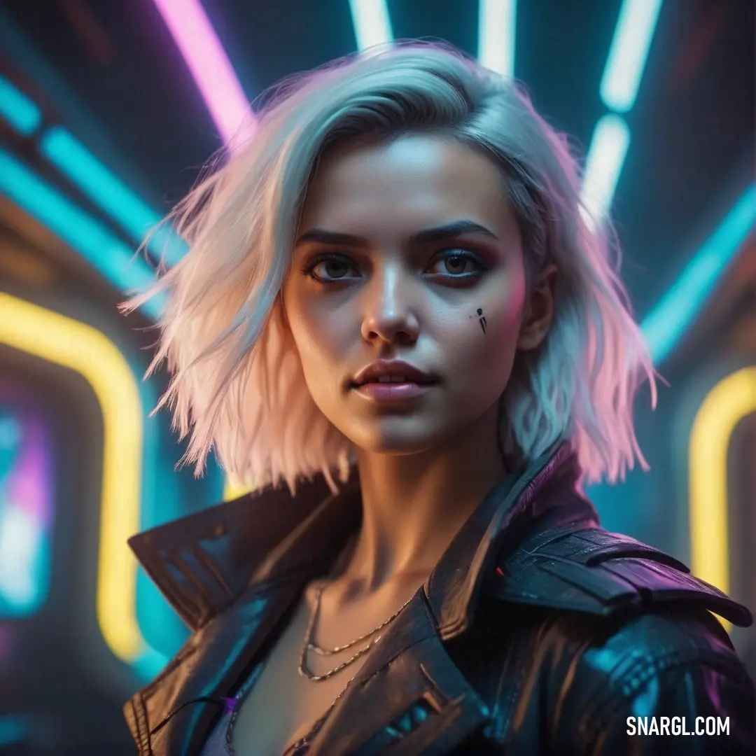 Woman with blonde hair and piercings in a futuristic setting with neon lights behind her. Color CMYK 73,61,56,66.