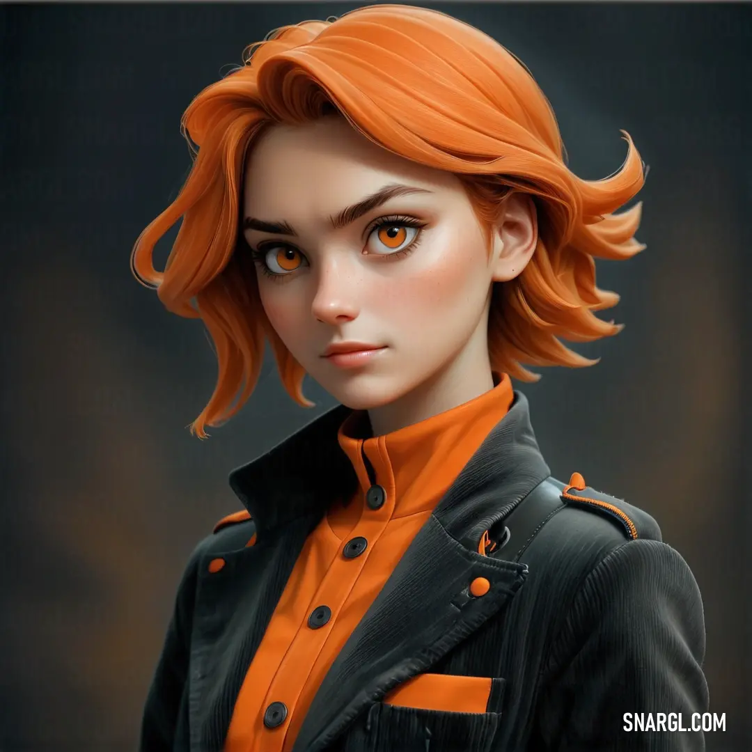 Woman with orange hair and a black jacket on a black background. Color RGB 46,48,50.