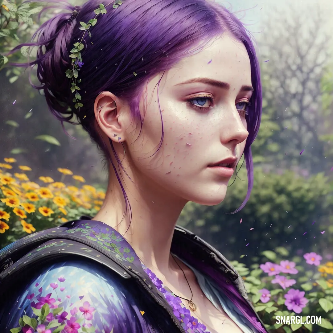 Woman with purple hair and a flower crown in her hair, in a field of flowers. Example of CMYK 73,61,56,66 color.