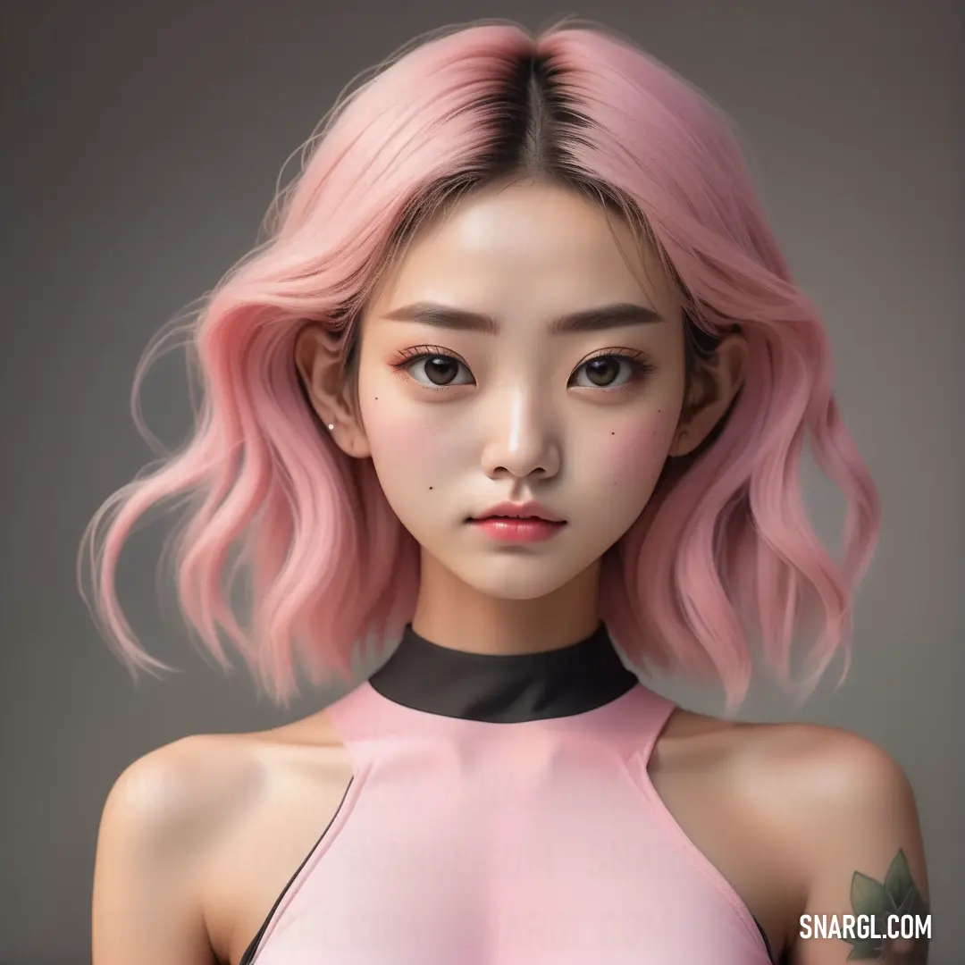 Girl with pink hair and a black top is looking at the camera with a serious look on her face. Example of RAL 000 20 00 color.