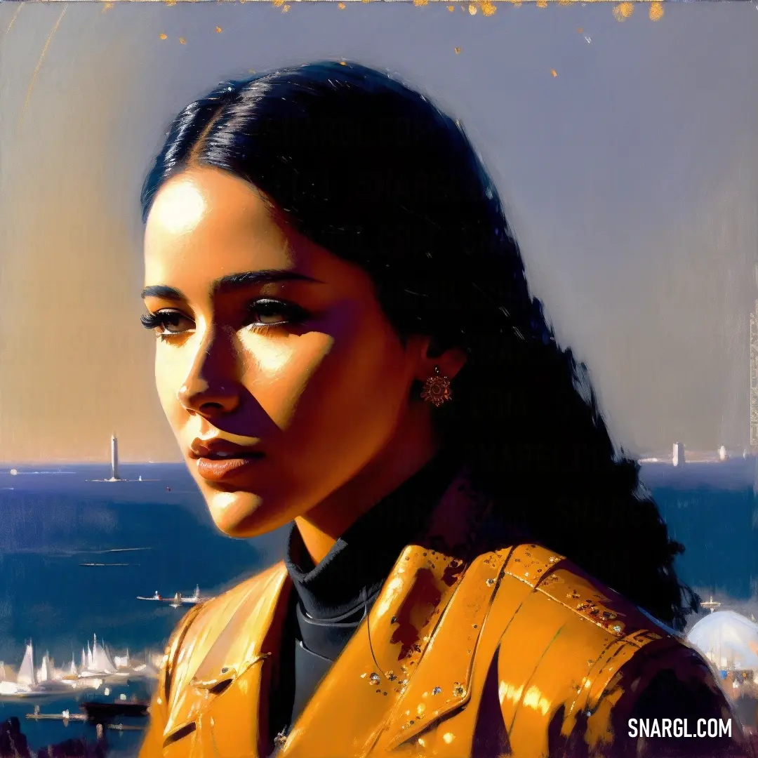 Painting of a woman in a yellow jacket looking at the camera with a city in the background. Example of RGB 55,57,59 color.