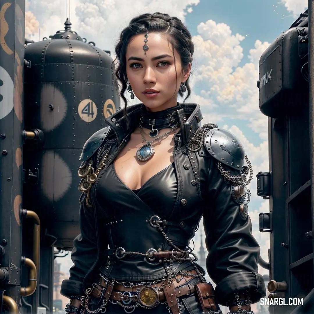 Woman in a leather outfit standing in front of a steampunky machine with a sky background. Color RGB 55,57,59.