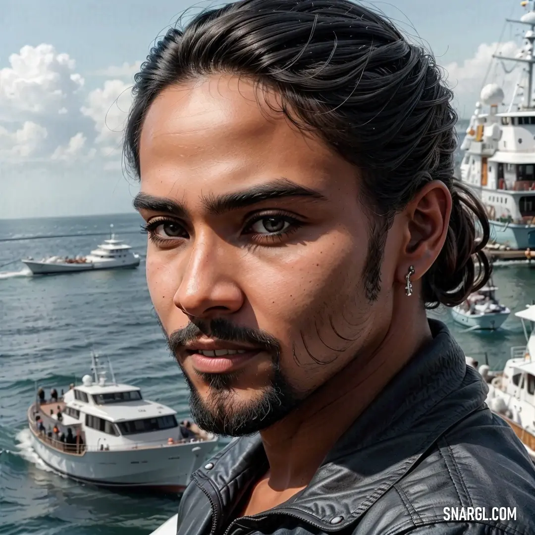 Man with a beard and a goatee standing in front of a harbor with boats on the water. Color RAL 000 30 00.