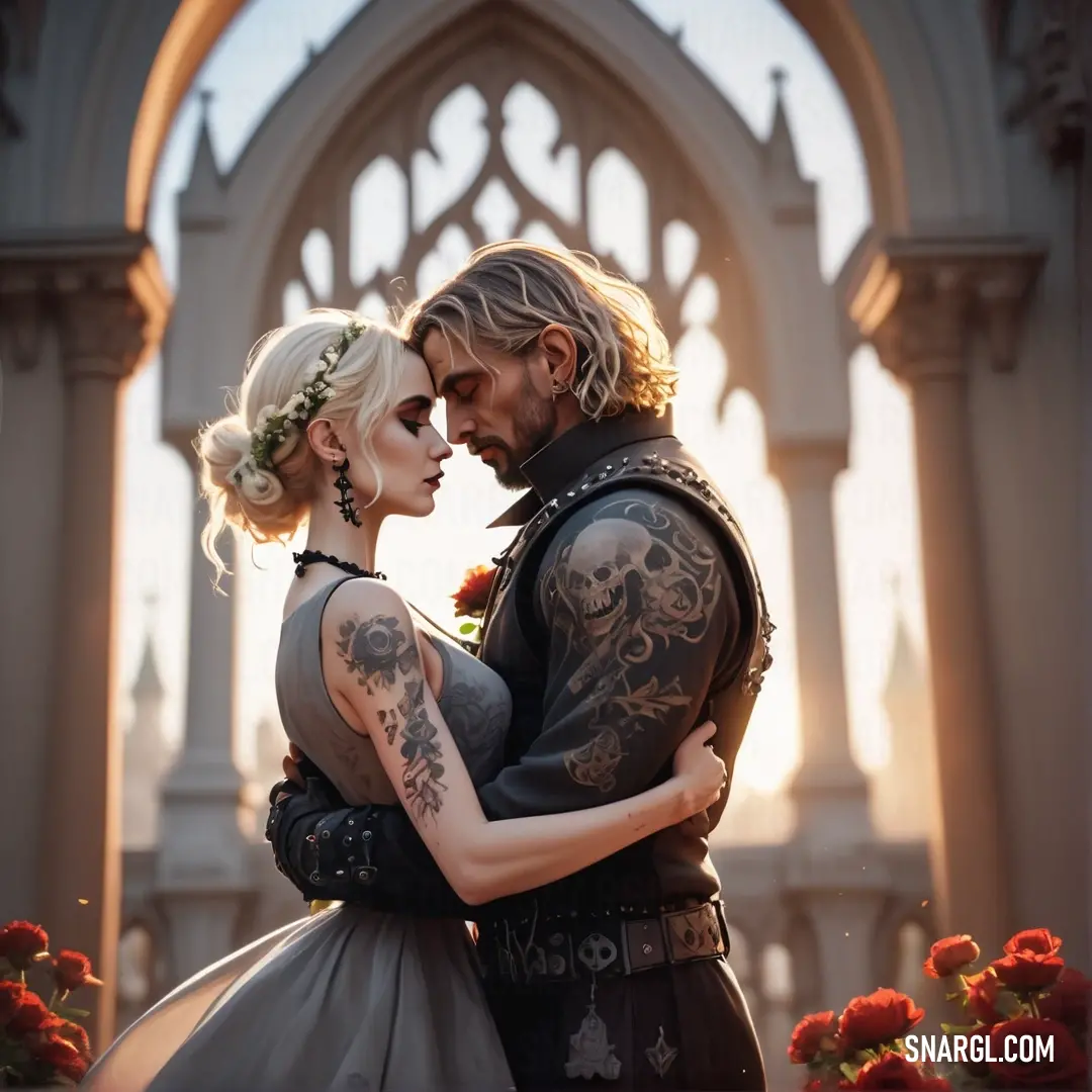 Man and woman dressed in medieval clothing embracing each other in front of a gothic arch with flowers in the foreground