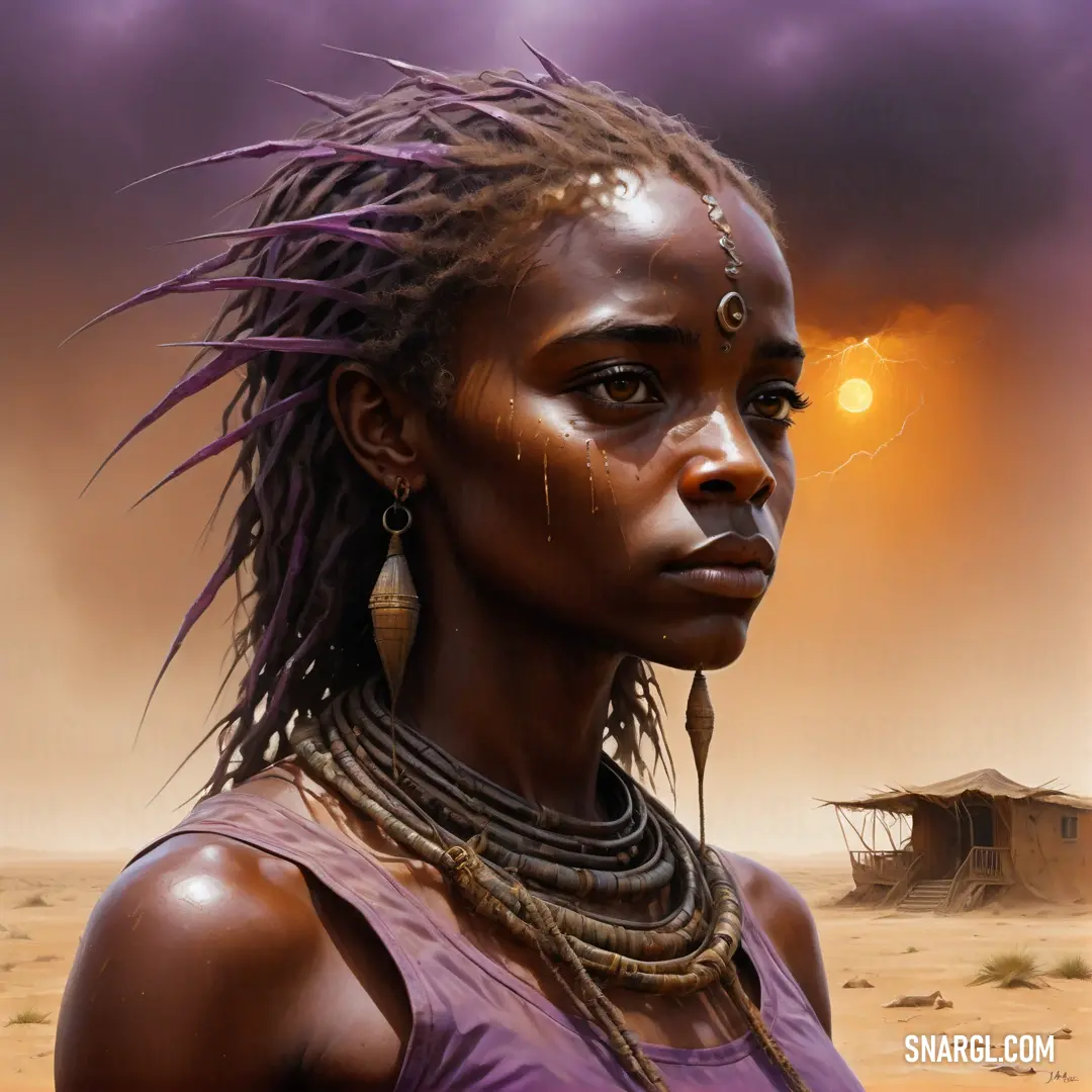 Woman with dreadlocks and a purple dress in the desert with a hut in the background. Example of CMYK 27,60,34,20 color.
