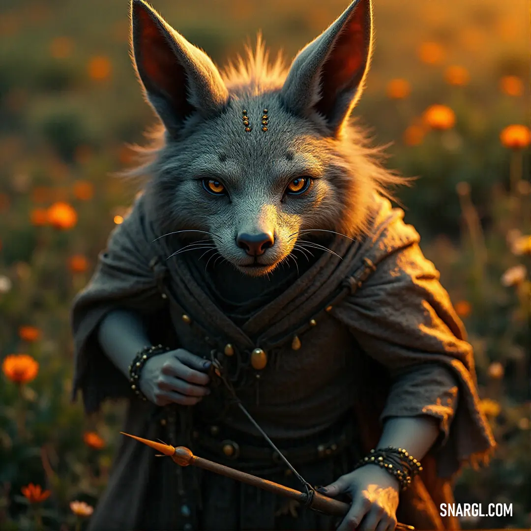 A charming fox in a delightful costume, surrounded by a vibrant floral landscape, showcases the spirit of adventure and imagination, with a sword that hints at tales of daring escapades. A whimsical fox character dons an elaborate costume and wields a staff, confidently standing in a field adorned with colorful flowers, holding a sword that shines in the bright daylight.