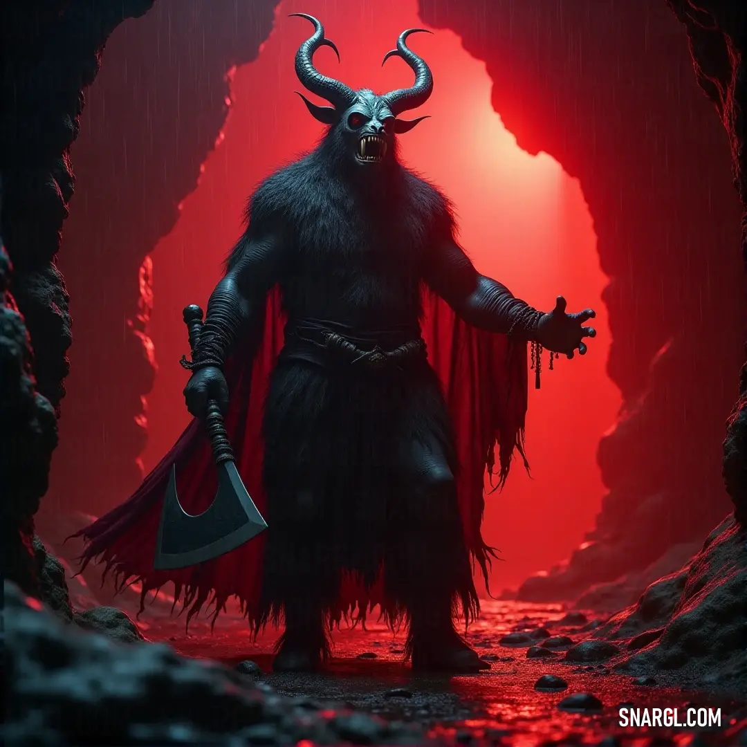 A fierce warrior with a horned head raises a large axe while standing in a shadowy cave lit by red light, revealing an atmosphere steeped in mystery and anticipation for an epic confrontation.