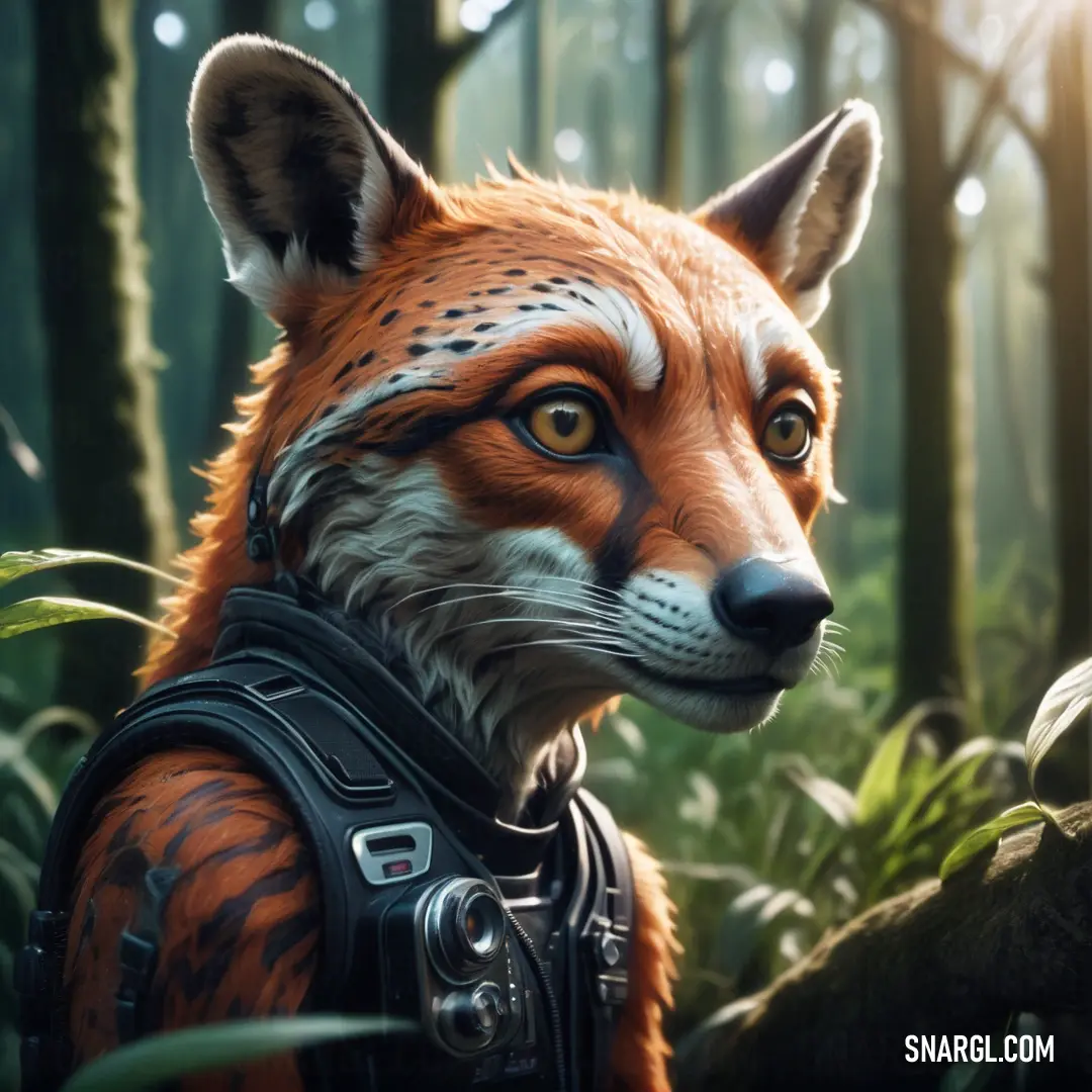 A cunning fox dressed in a stylish leather outfit stands amidst a forest, its vibrant surroundings filled with rich trees and lush plants. The mix of earthy tones and CMYK colors 1,66,67,0 adds depth to the natural beauty of the scene.
