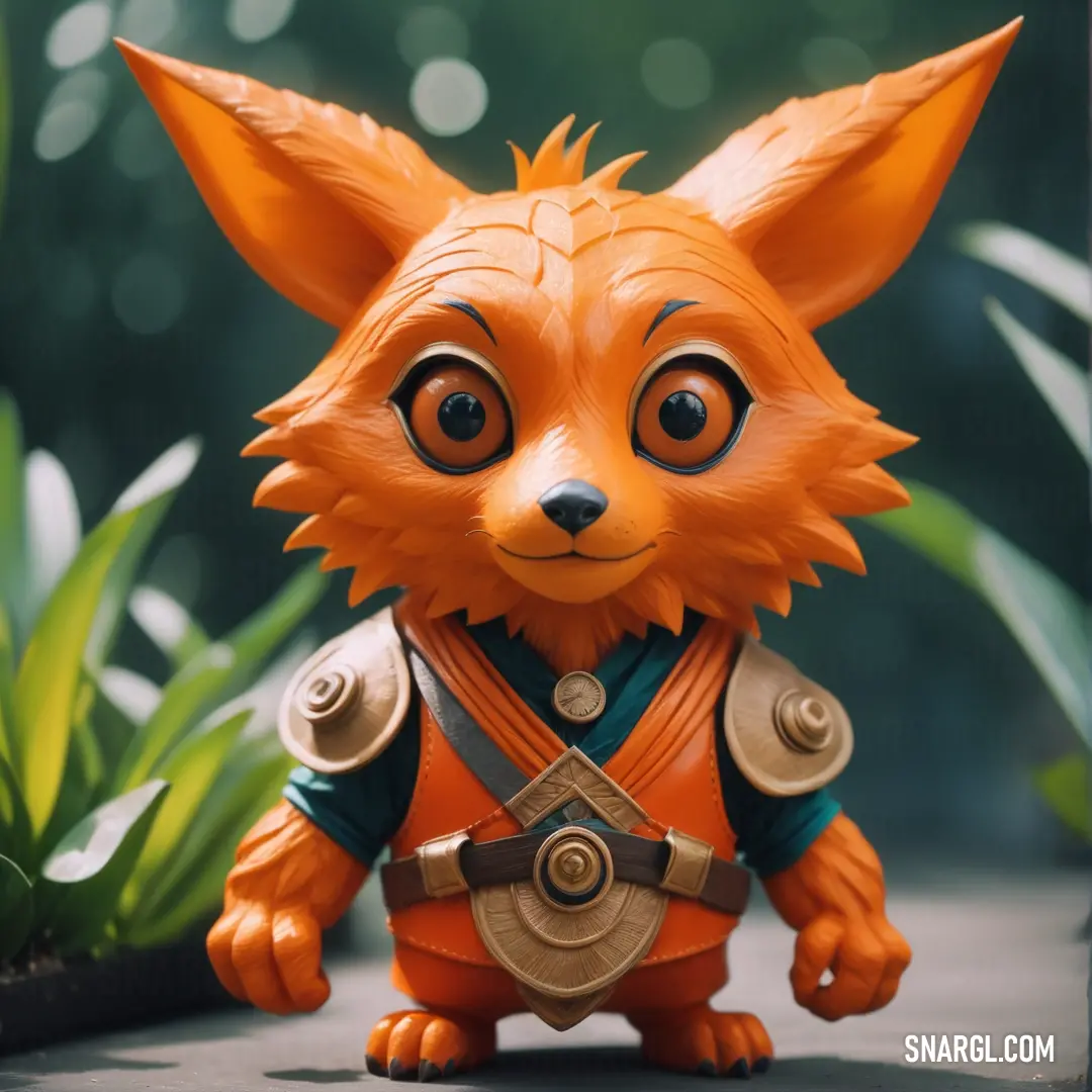 A playful toy fox, dressed in an adorable costume, stands against a lively green background. The warm RGB color of 235,113,82 creates a joyful and whimsical atmosphere that draws attention to the fox's charming features.