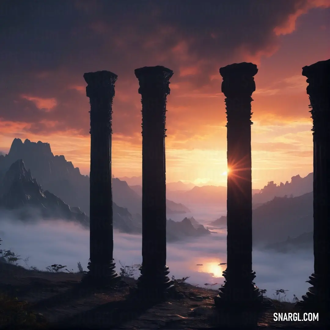 A vibrant sunset illuminating a majestic mountain range, with ancient stone columns standing boldly in the foreground, creating a perfect harmony between nature and history.