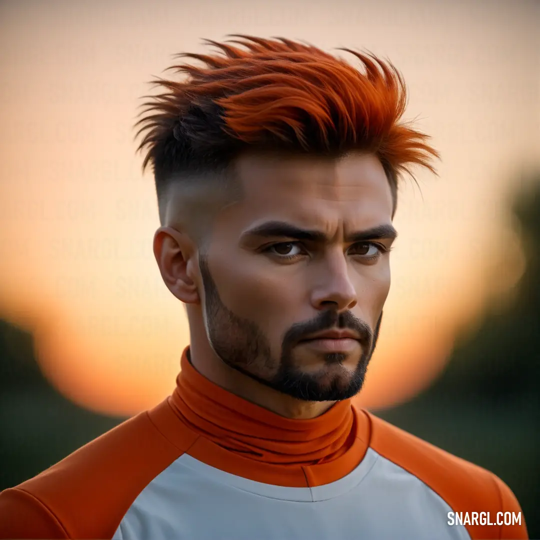 Man with a red mohawk and a white shirt is staring at the camera with a sunset in the background. Color RGB 246,106,35.