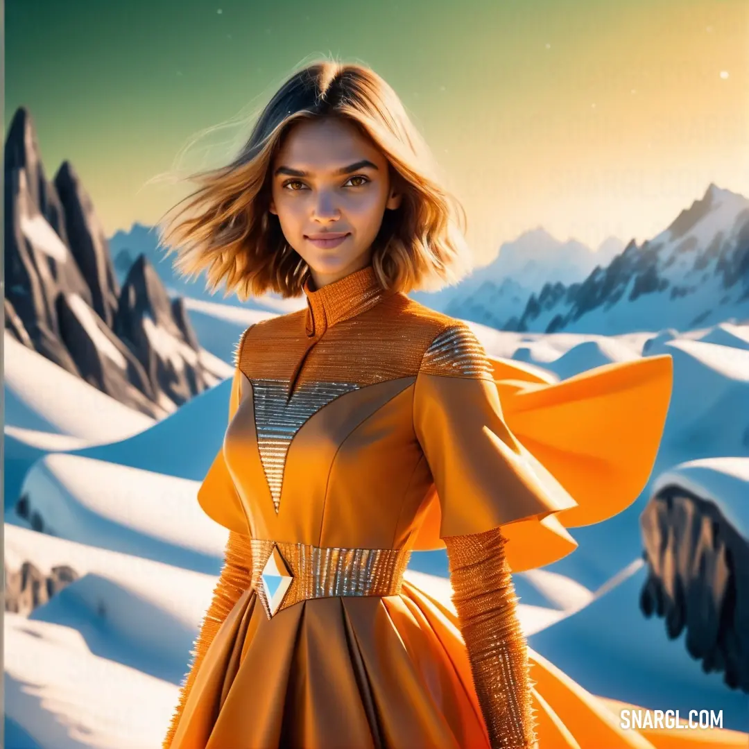 Woman in a yellow dress standing in the snow with mountains in the background. Example of RGB 246,106,35 color.