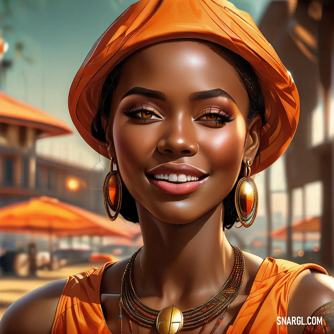 Woman with a bright orange hat and earrings on her head and a street scene in the background. Example of #F66A23 color.
