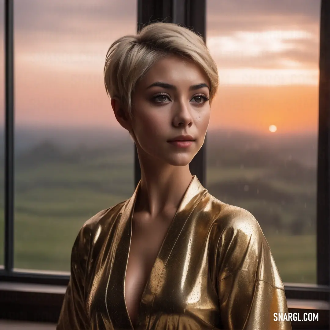 Woman in a gold dress looking out a window at the sunset or sunrise with a view of a valley. Example of RAL 060 50 30 color.