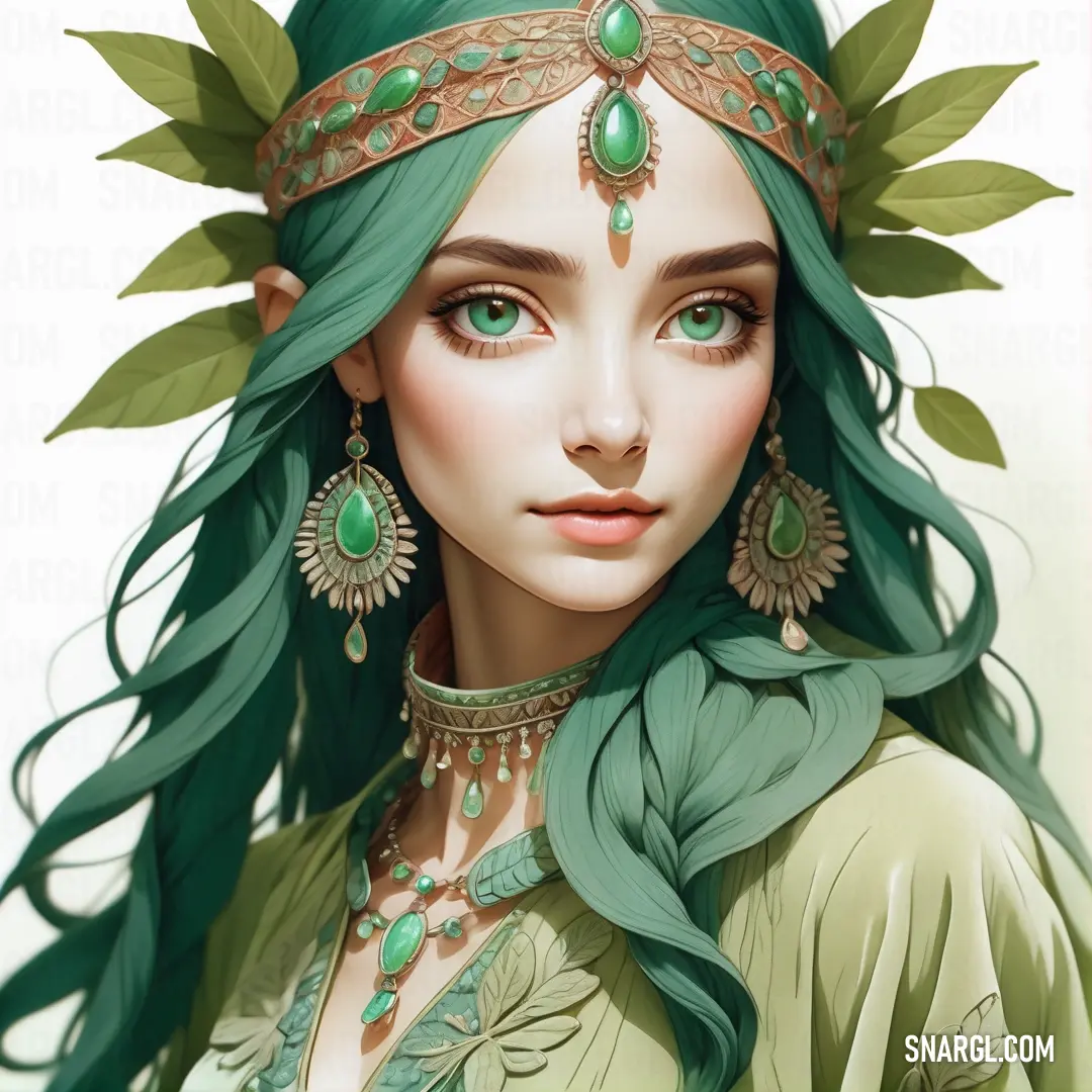 RAL 085 50 40 color example: Woman with green hair and a green dress with green leaves on her head and a green necklace and earrings