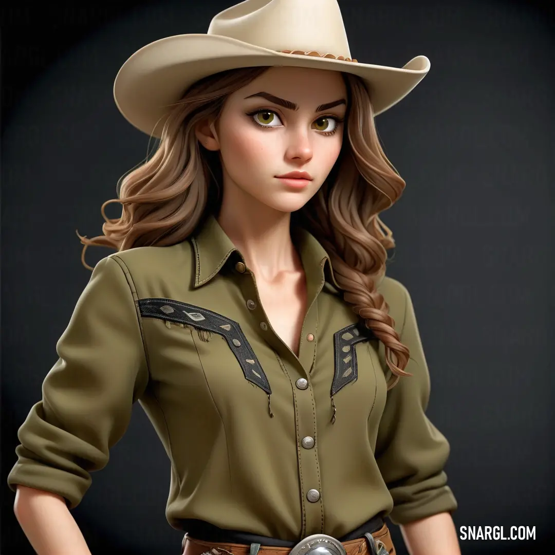 RAL 085 50 40 color. Woman in a cowboy hat and green shirt with a gun in her hand and a black background