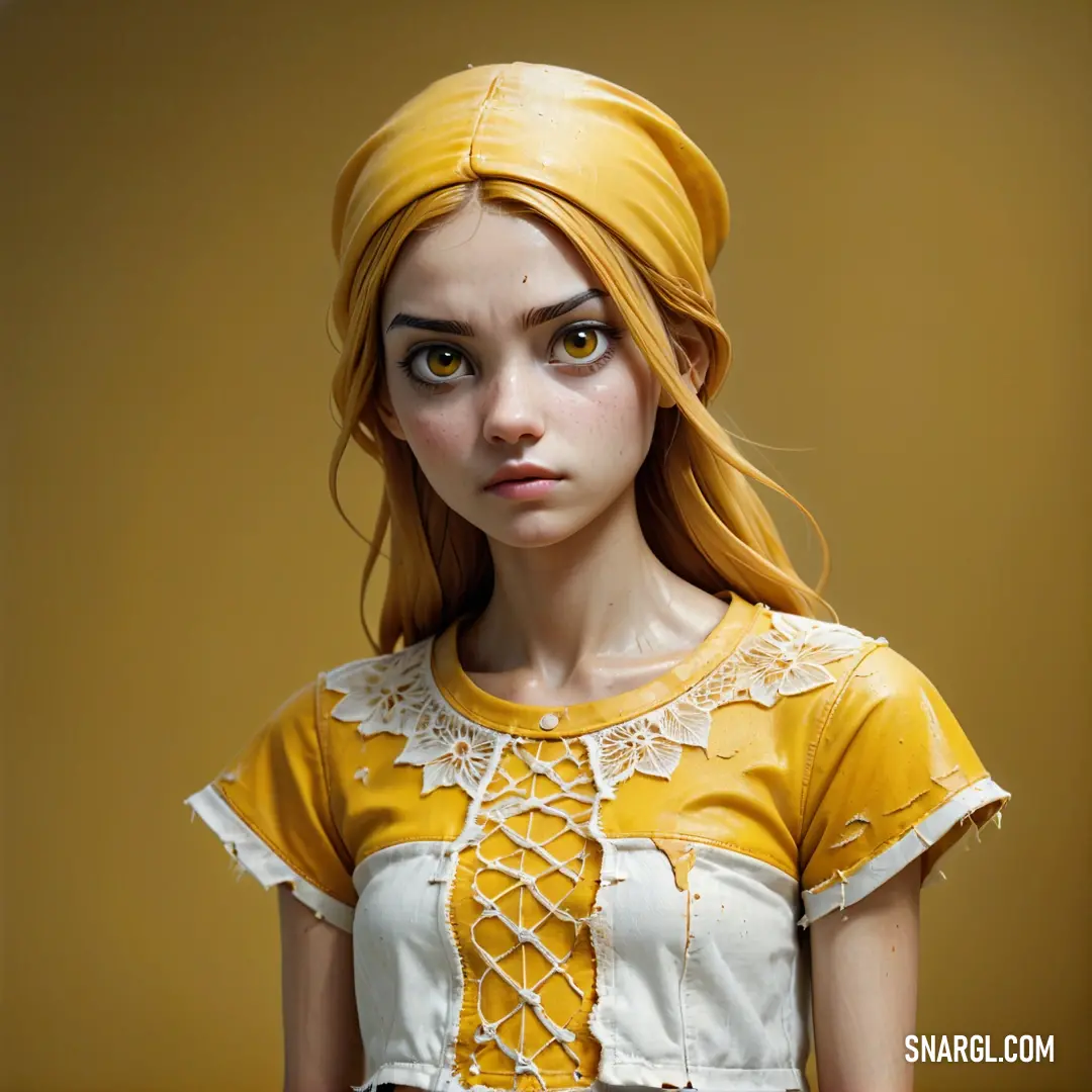 Doll with a yellow headband and a yellow shirt on a yellow background. Color CMYK 0,0,0,4.