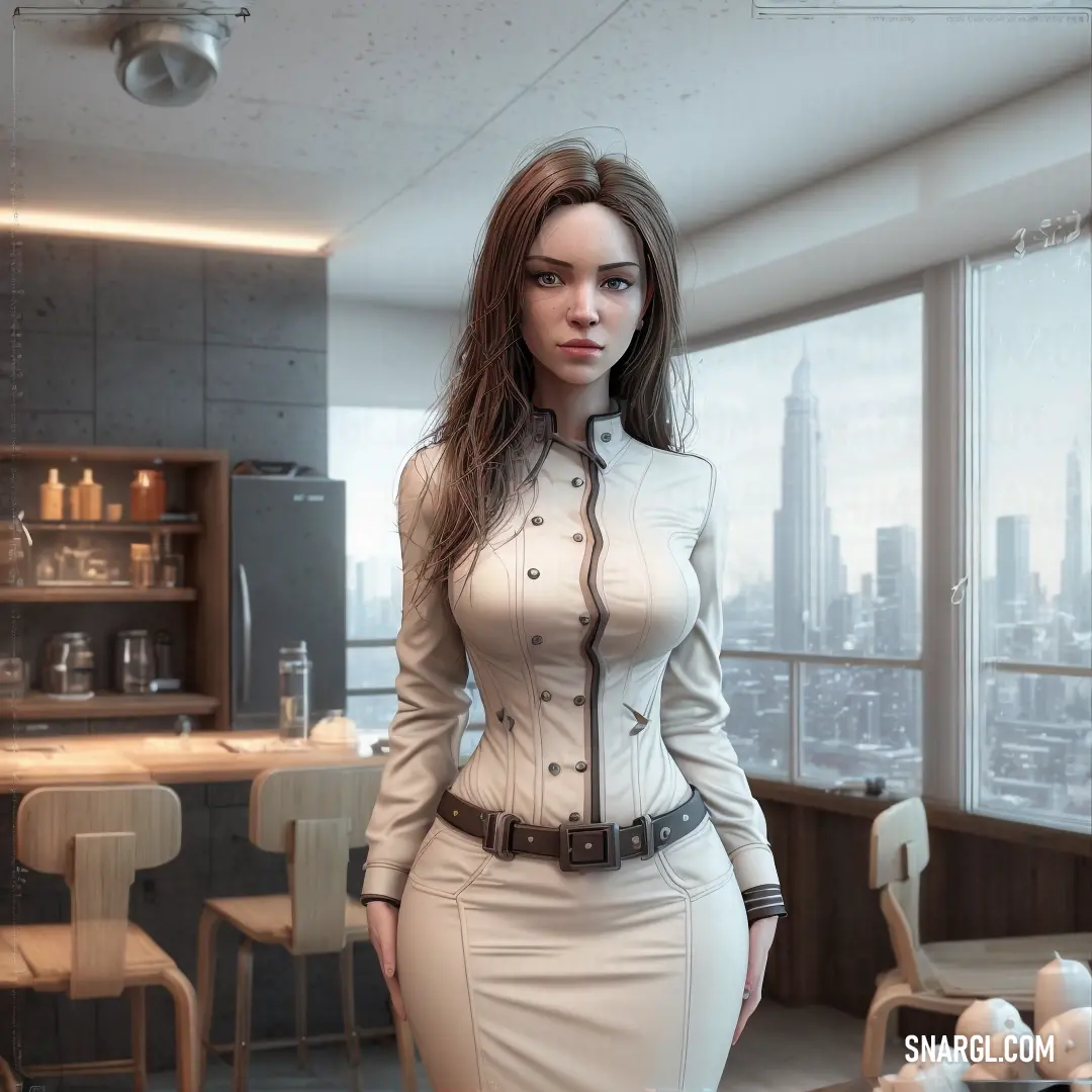 Woman in a dress and heels standing in a room with a city view behind her and a table with chairs. Color RGB 230,235,235.