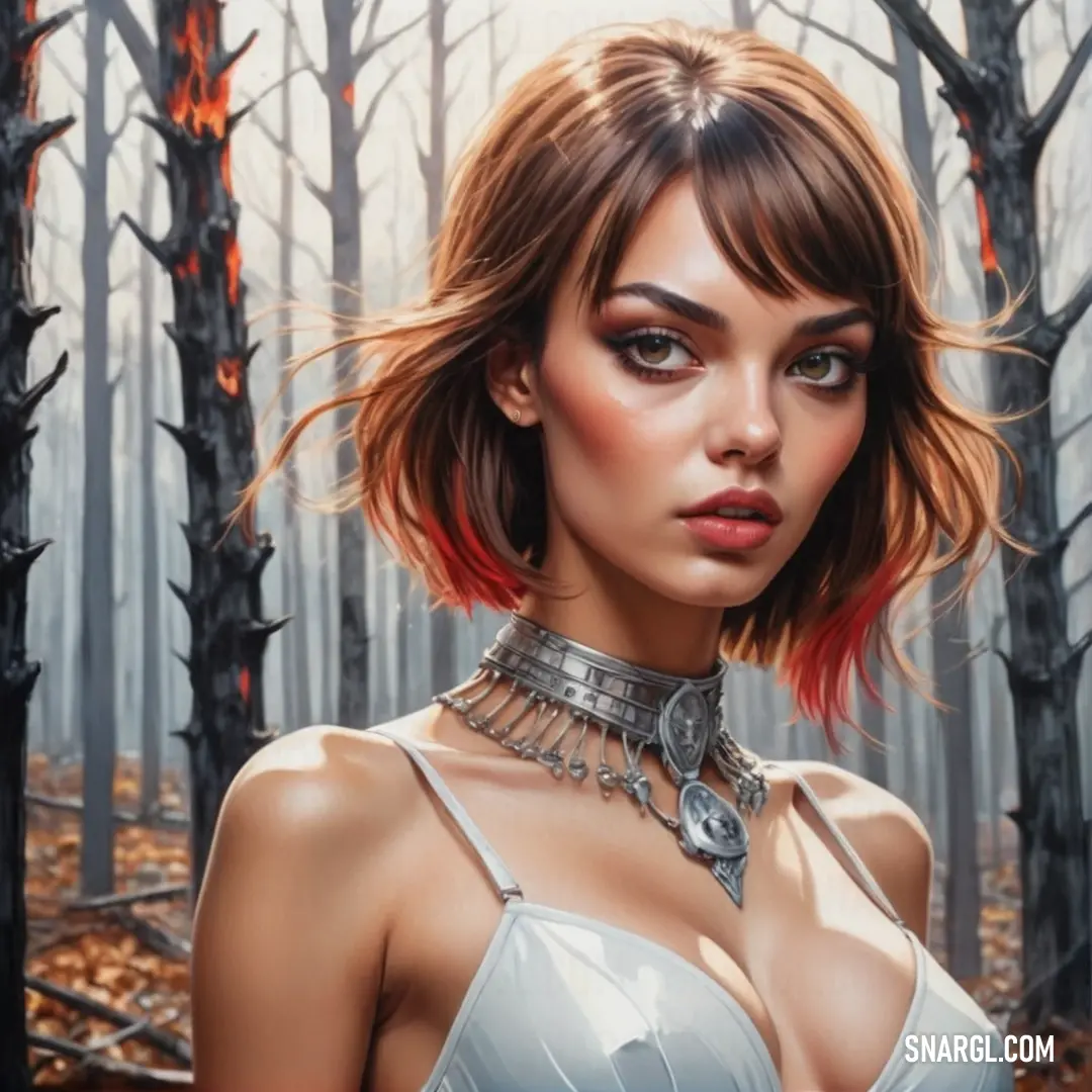RAL 110-1 color. Woman with a choker and a choker around her neck in a forest with trees and leaves