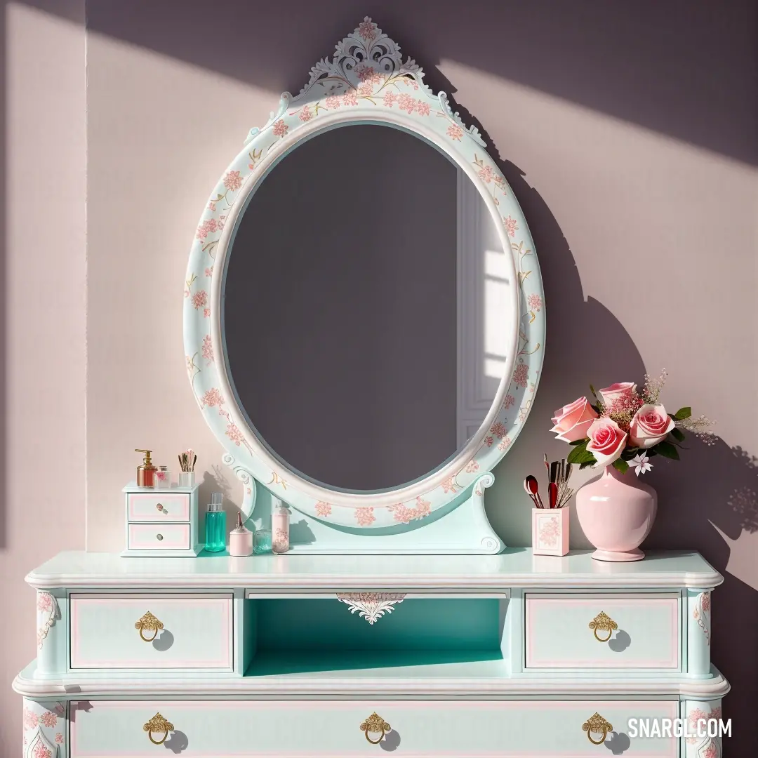 Dresser with a mirror and a vase of flowers on it in a room with a pink wall. Example of RGB 224,225,217 color.