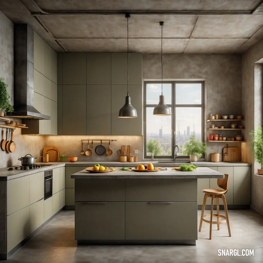 Kitchen with a large window and a counter top with a stool in it. Color RGB 224,225,217.