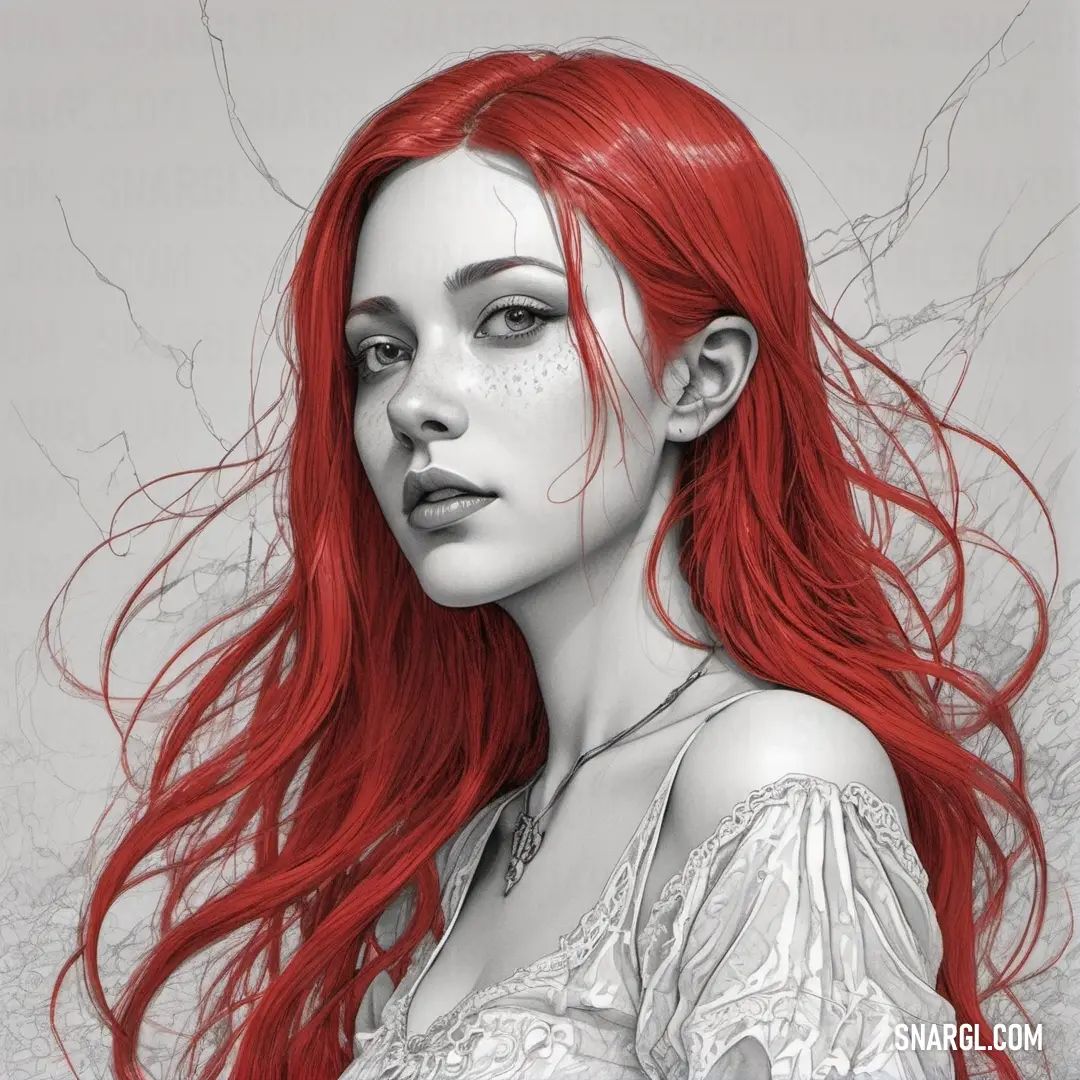 Woman with red hair and a white dress is shown in this digital painting style photo by person of the day. Color #CACBC4.