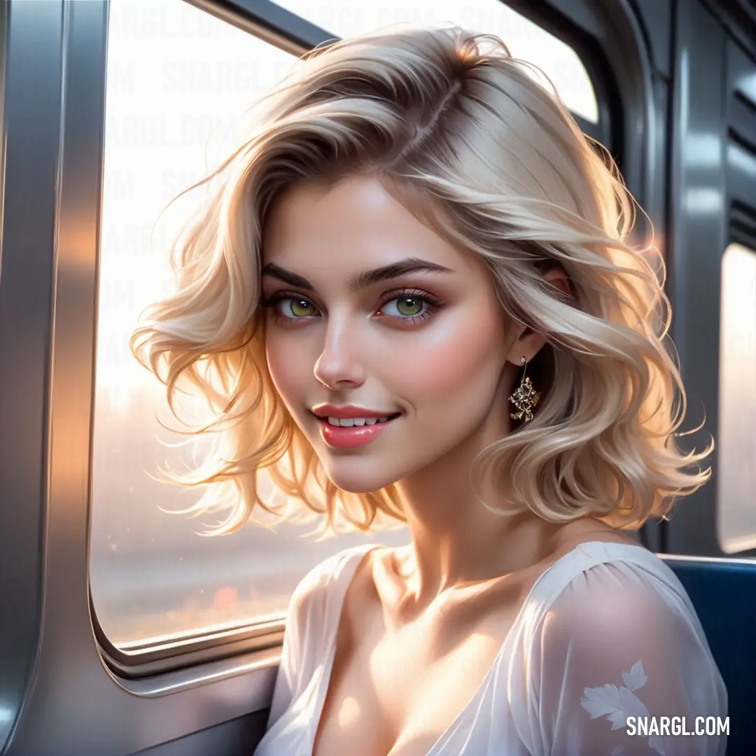 RAL 110-3 color. Woman with blonde hair is in a train car and smiling at the camera with a train window behind her