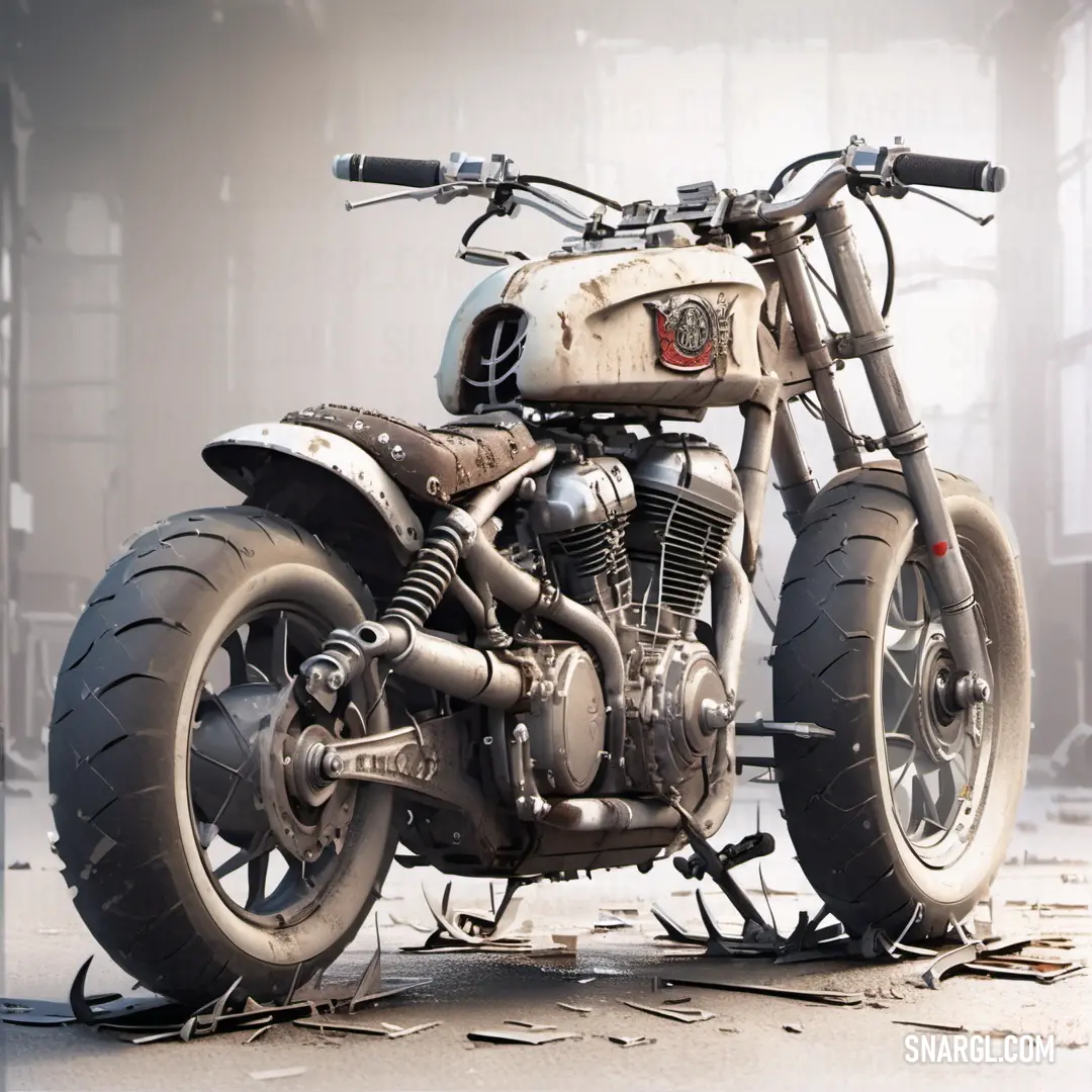 Motorcycle parked in a building with a lot of debris around it and a light colored background. Color RGB 240,241,231.