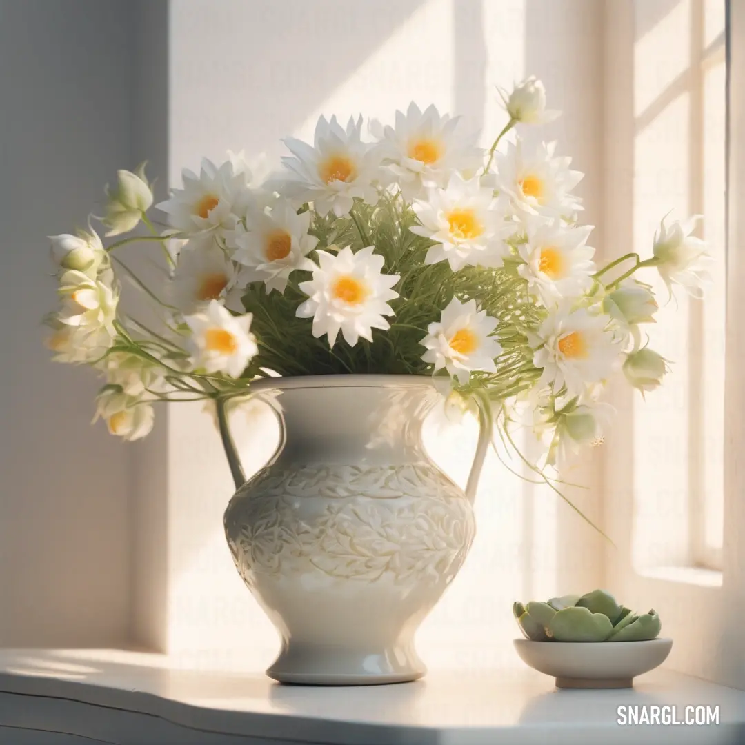 White vase with white and yellow flowers in it on a window sill with a bowl of flowers. Color RGB 240,241,231.
