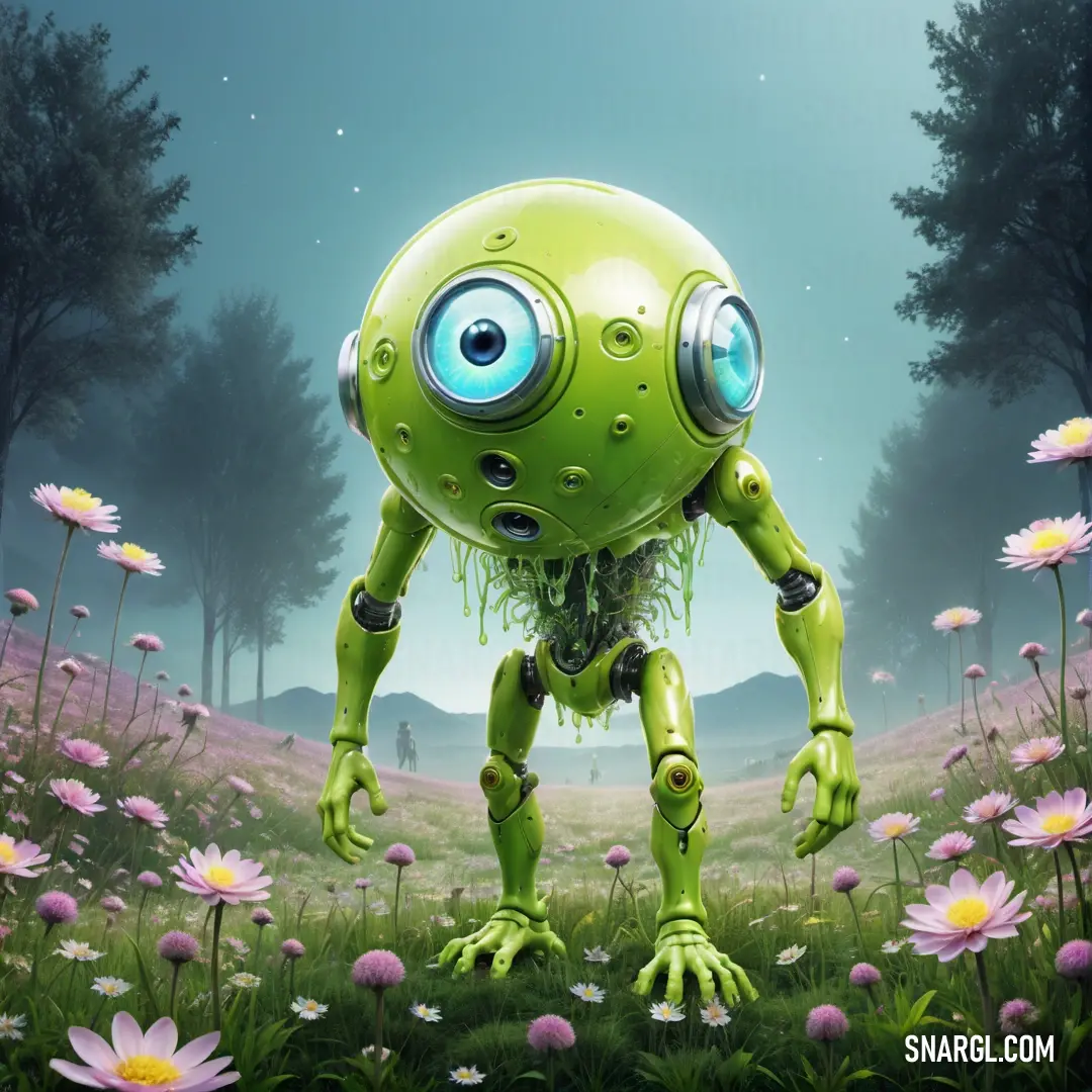 Green robot standing in a field of flowers with eyes wide open and a body of water in the background. Example of #5CA82B color.