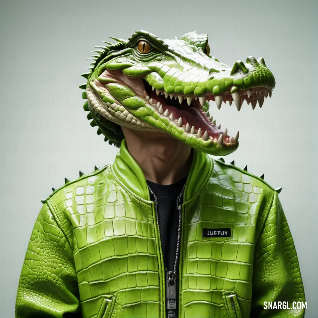 Man wearing a green alligator mask with his mouth open. Color RGB 92,168,43.