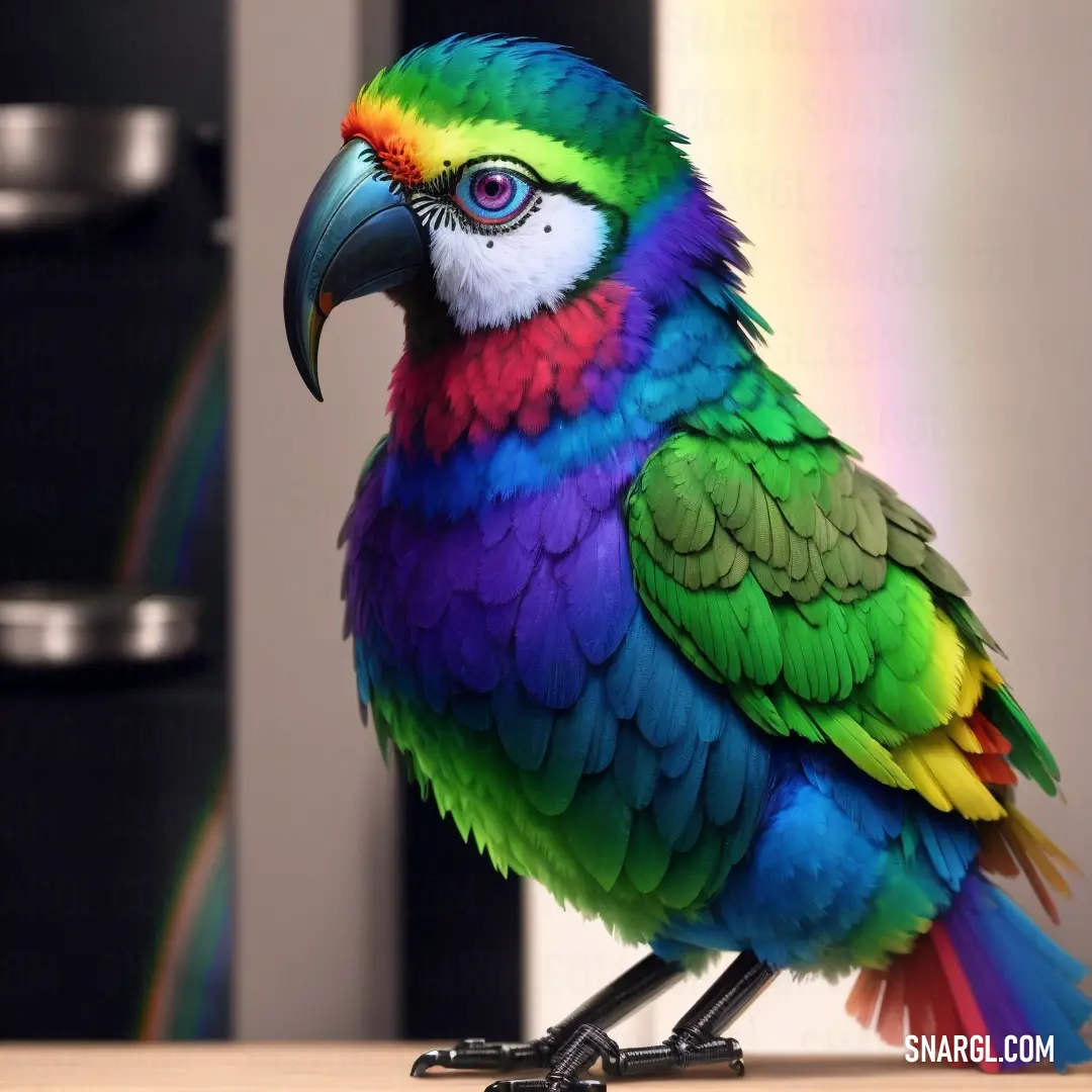 Colorful bird on a table next to a refrigerator freezer and a rainbow colored wall behind it. Color RAL 120 60 63.