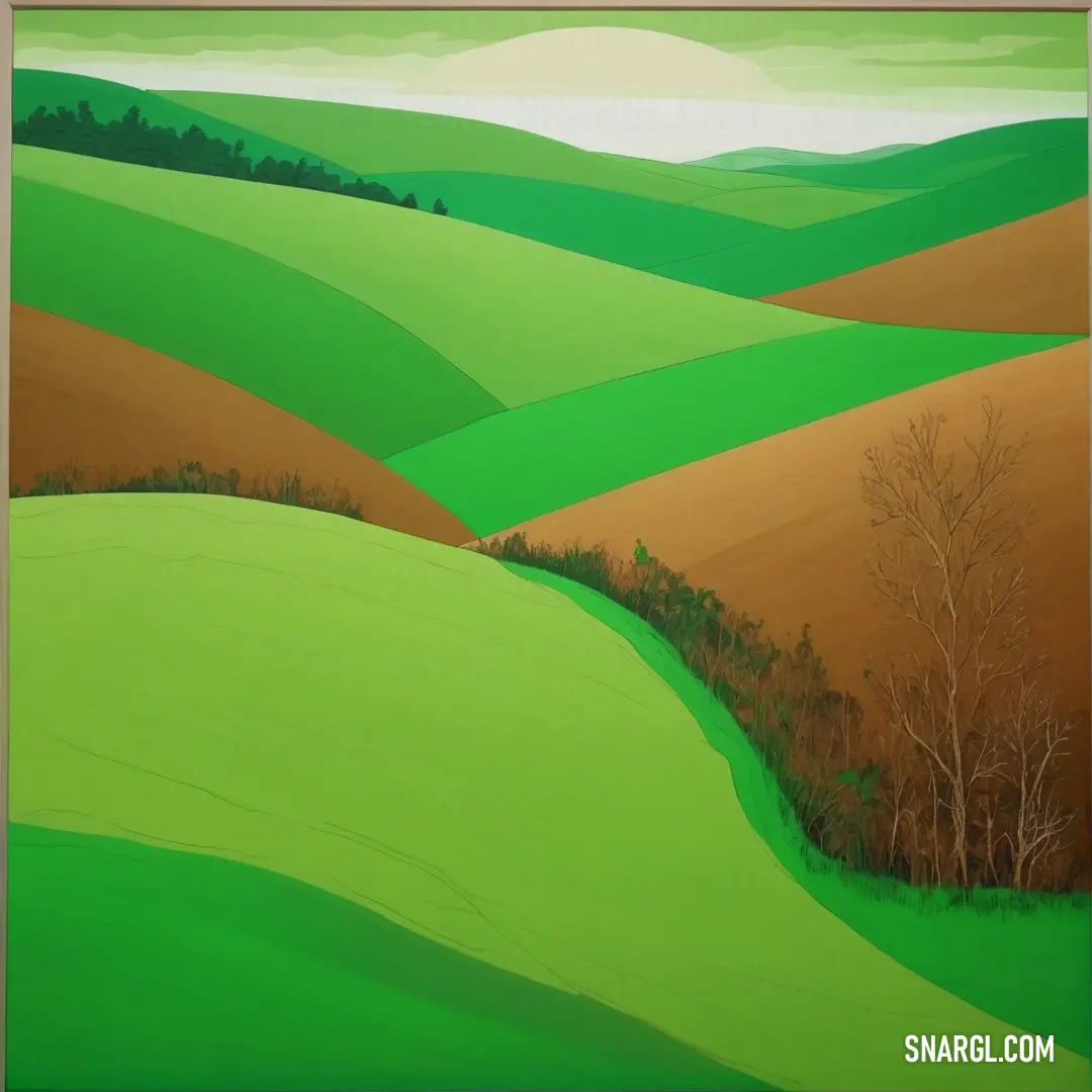 Painting of a green landscape with trees and hills in the background. Example of RAL 120 60 63 color.