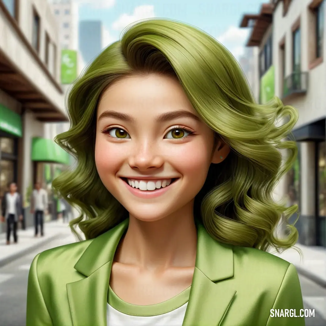 Digital painting of a woman with green hair and a green jacket on a city street with people walking by. Example of CMYK 53,0,76,0 color.