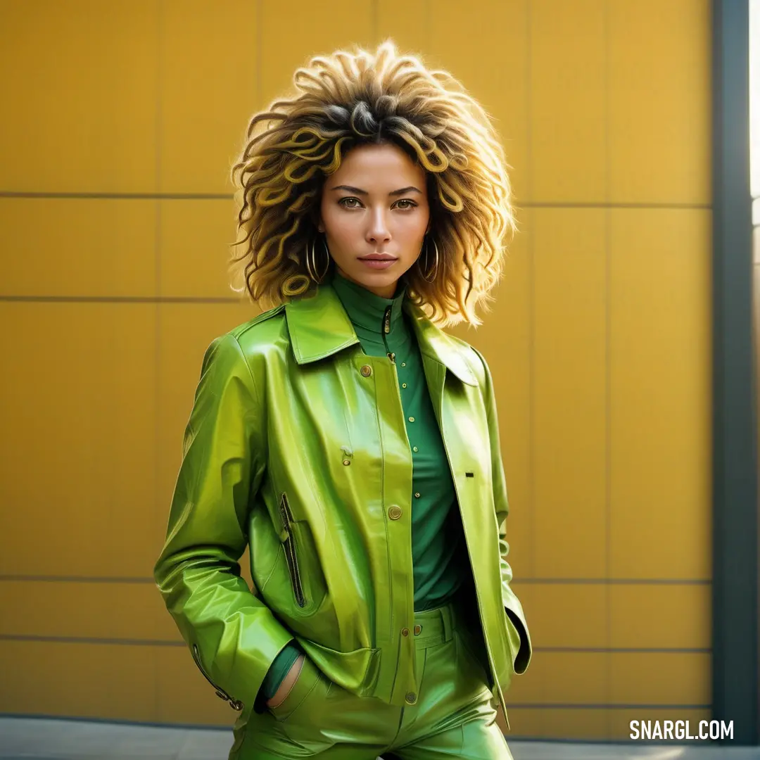 Woman in a green leather jacket and pants posing for a picture with her hands on her hips. Example of RAL 120 70 50 color.