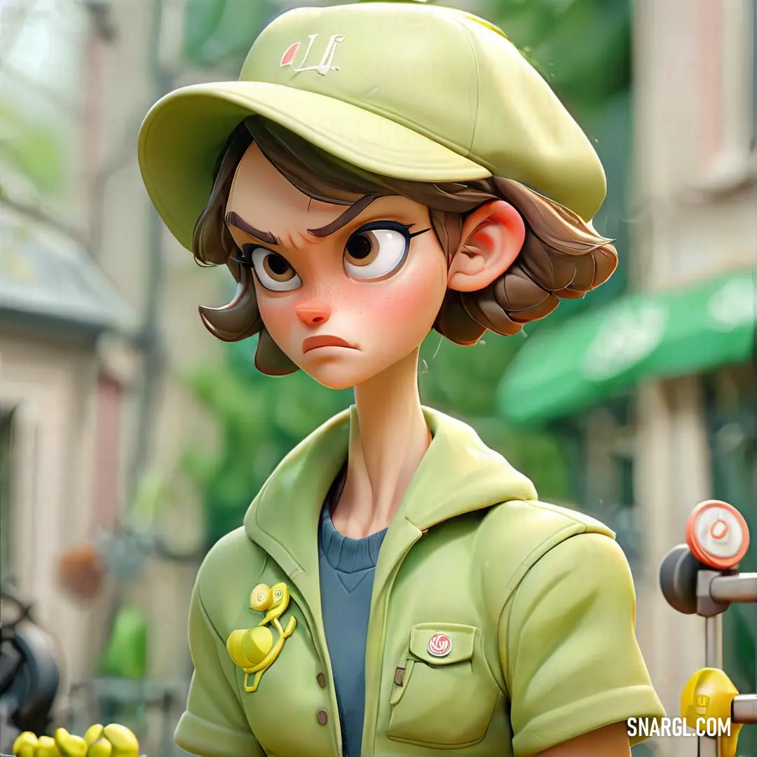 Cartoon character with a green hat and green shirt on a city street with buildings in the background. Color RGB 208,243,177.