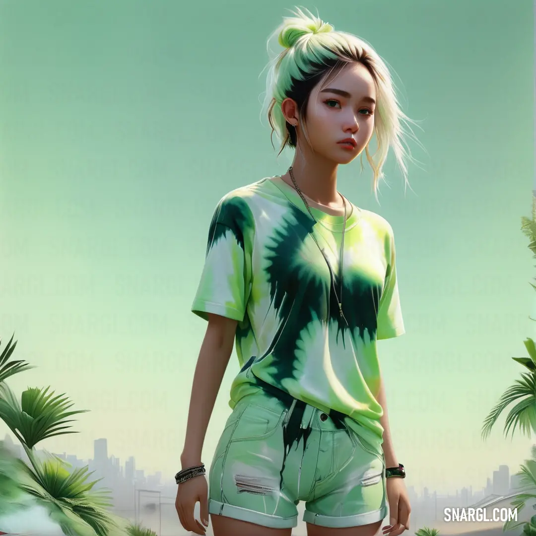 Woman with a green tie dye shirt and shorts standing in front of a palm tree and a city. Example of RGB 208,243,177 color.