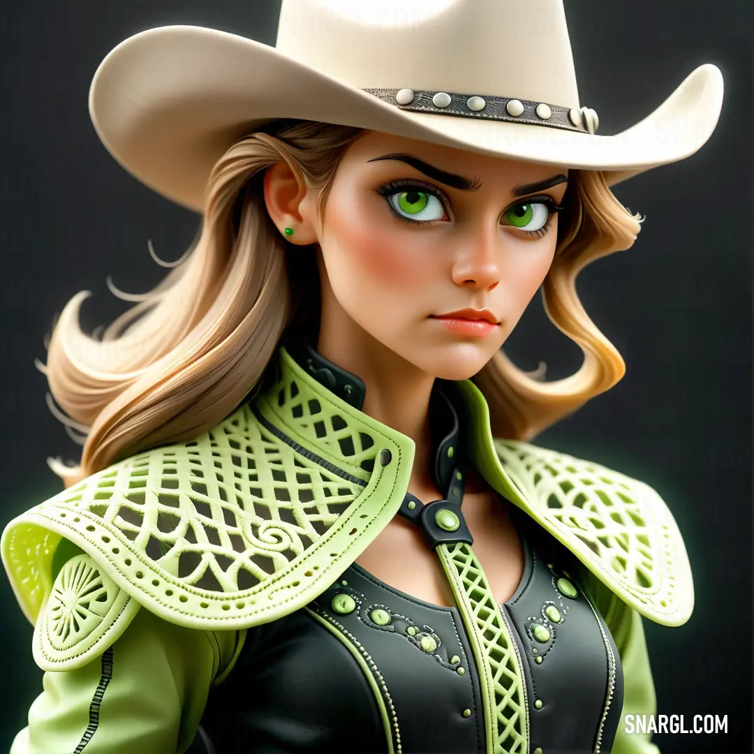 Woman in a cowboy hat and green shirt with a green collar and green eyes. Color CMYK 24,0,41,0.