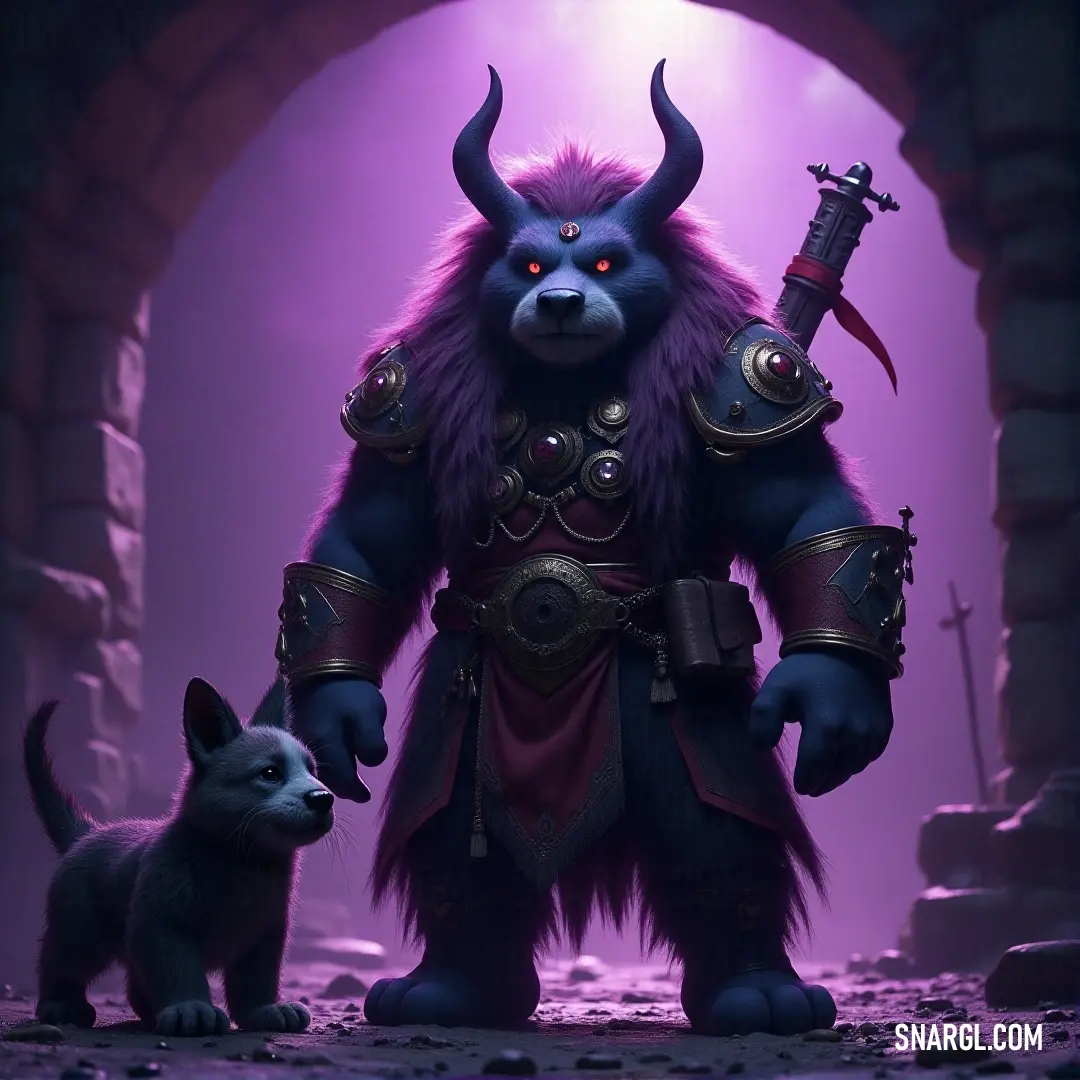 A whimsical scene featuring a cartoon character joyfully accompanied by a curious dog and a mischievous demon, all in a mysterious cave illuminated by a vibrant purple glow, inviting imagination and adventure.
