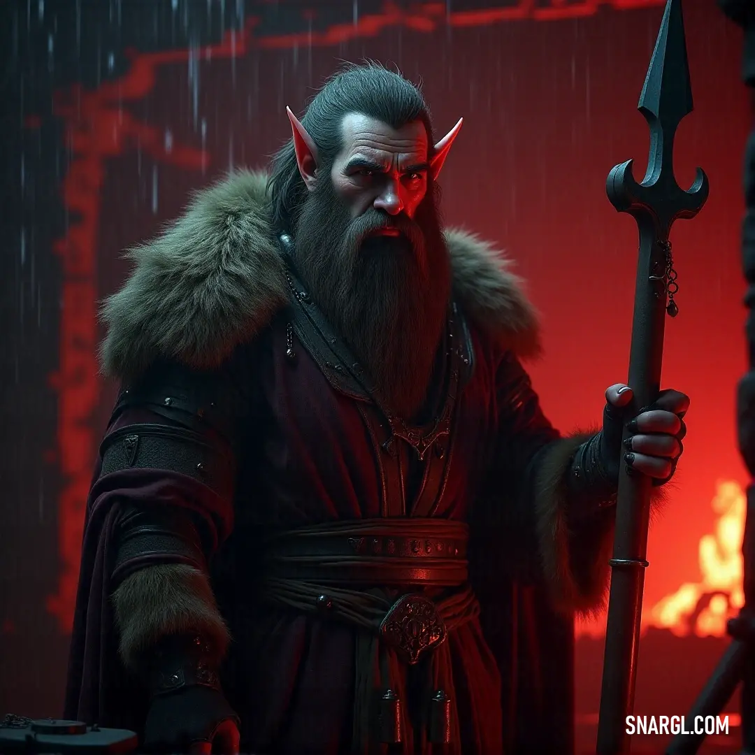 A powerful figure with a horned head and a rugged beard stands confidently, wielding a magnificent sword in a dimly lit room drenched in dramatic red light, embodying strength and mystery.