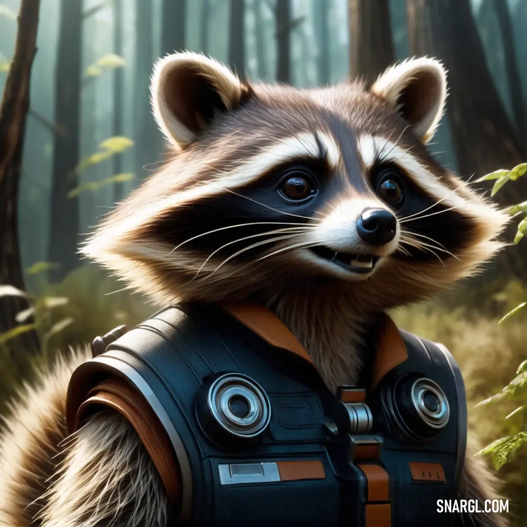 A raccoon in a leather vest crouches low in a dense forest, its eyes alert as it blends into the surroundings. The trees and bushes create a natural camouflage for its stealthy stance.