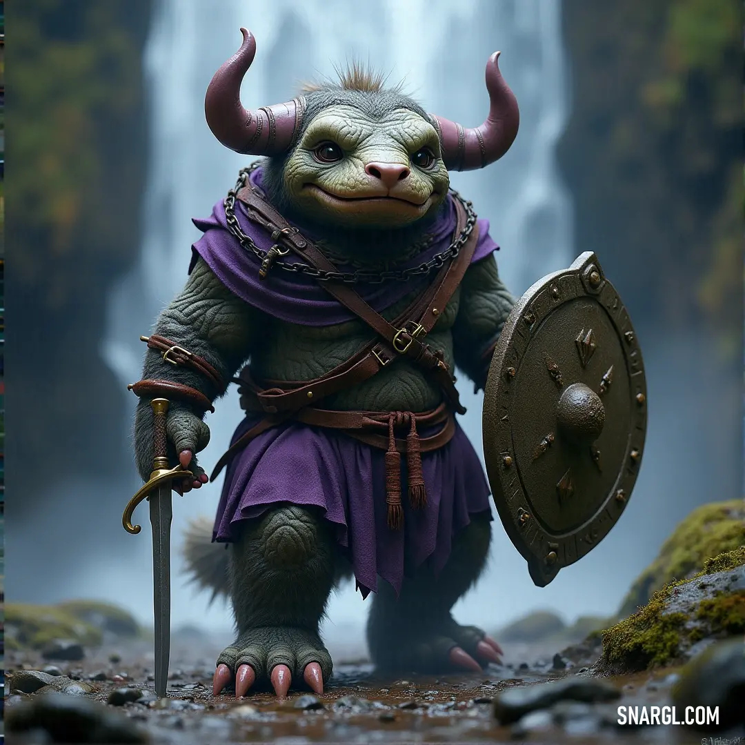 A fearsome troll wielding a sword and shield stands boldly in a fantasy realm, with a cascading waterfall enhancing the dramatic scenery. This image captures the excitement and adventure of mythical battles.