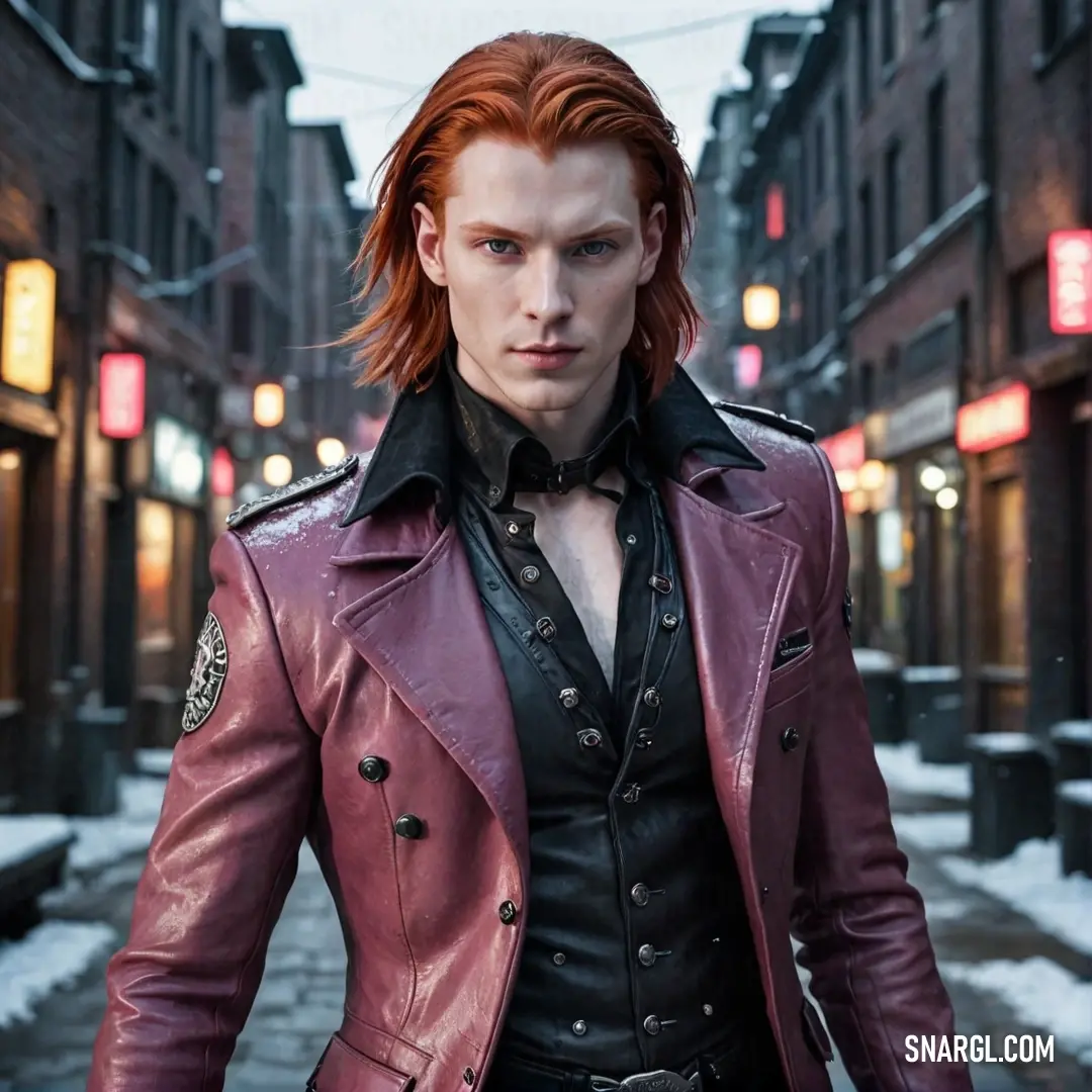 A man with fiery red hair, dressed in a leather jacket, walks down a snow-covered street, his figure stark against the cold, wintry landscape. The muted colors of the environment emphasize his vibrant presence.