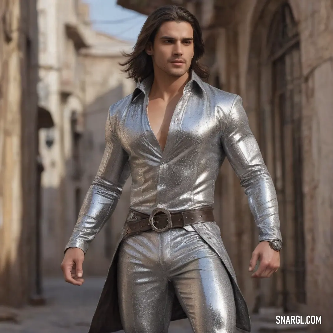 A man in a silver outfit walks through the city with a cape draped over his shoulders and a coat on his head, his attire gleaming against the urban backdrop. The metallic shine adds an otherworldly aura to his movement.