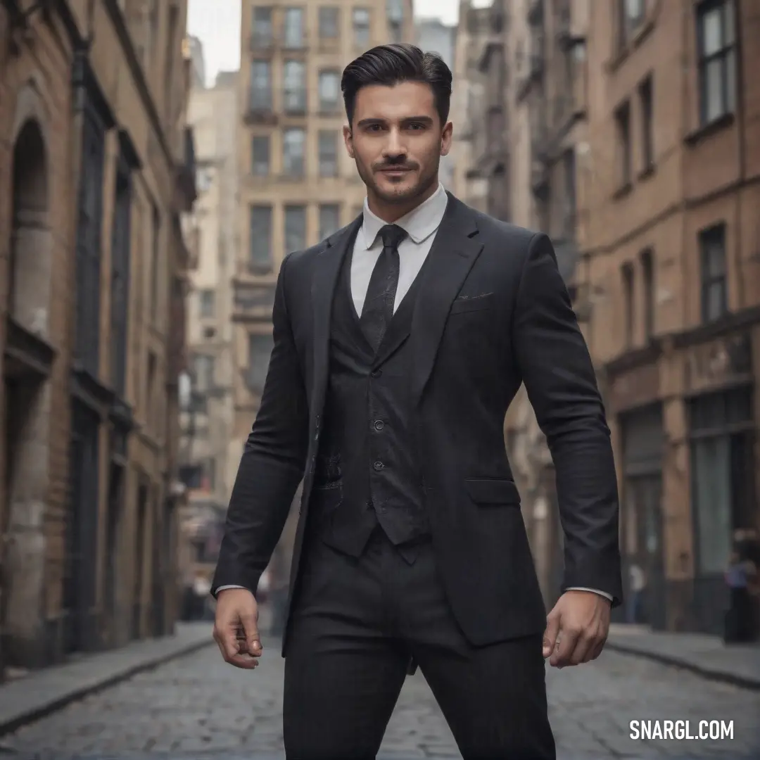 A man in a suit and tie stands in a quiet alleyway, the muted colors of the street and buildings creating a calm, contemplative atmosphere. His sophisticated appearance contrasts with the urban decay around him.