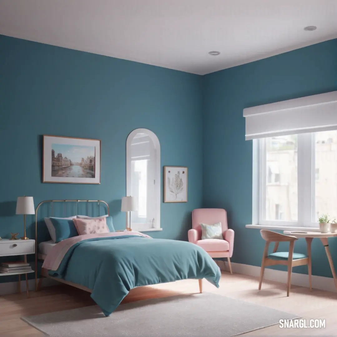 Bedroom with a bed, chair. Example of #F6F4ED color.