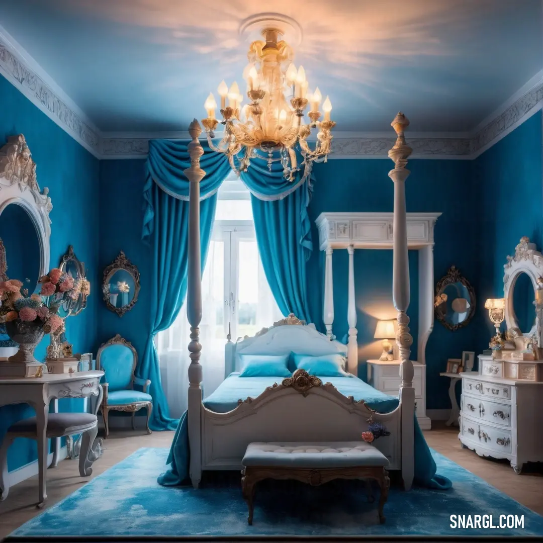 Bedroom with a canopy bed and a chandelier in it's center area with a blue rug. Example of #F6F4ED color.