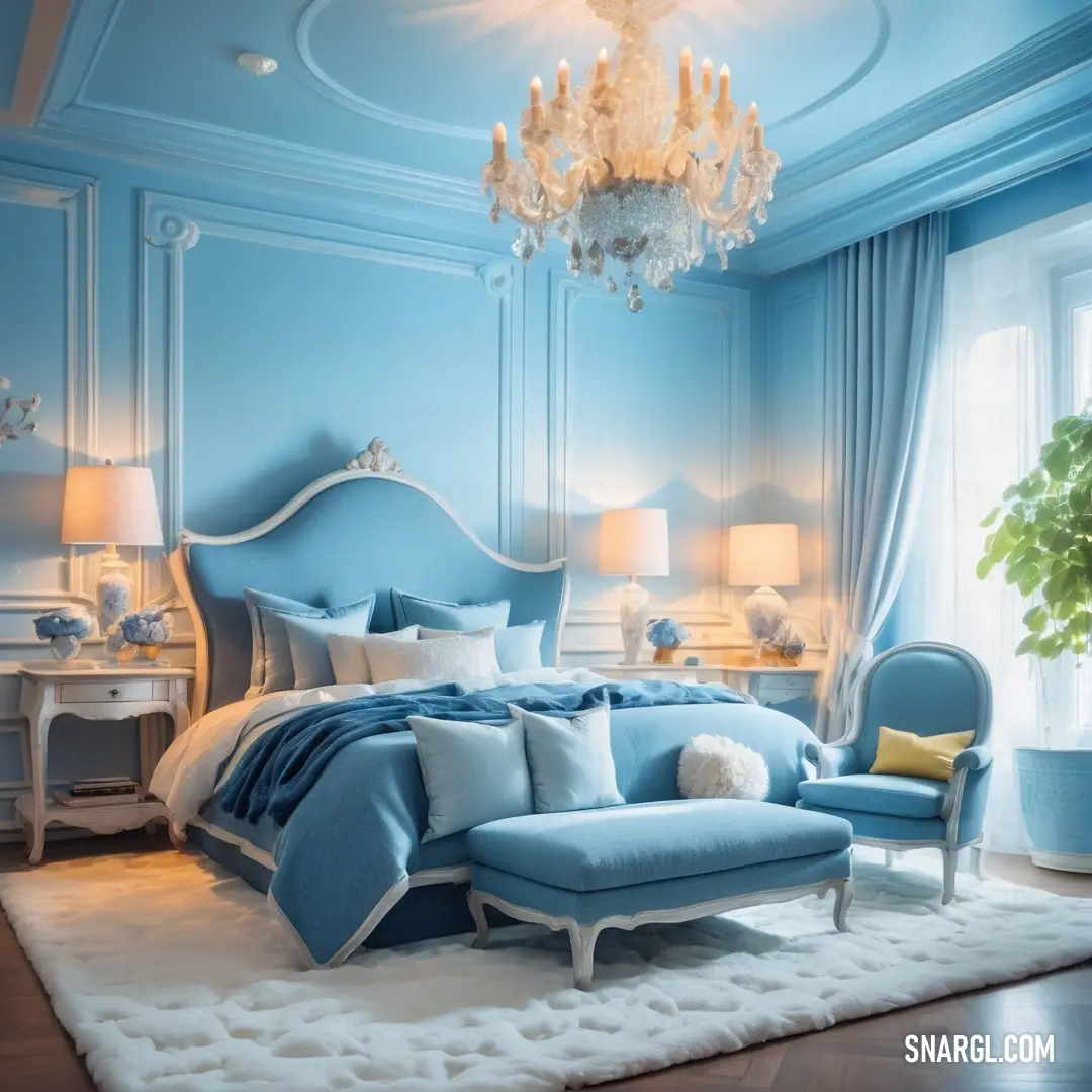 Bedroom with a blue bed and a chandelier hanging from the ceiling and a white rug on the floor. Example of RAL 150-1 color.